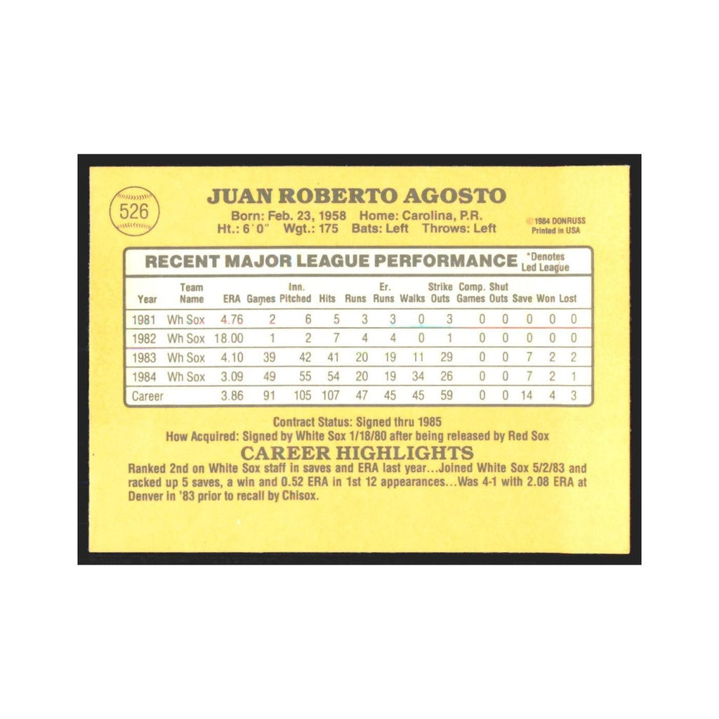 1985 Donruss Juan Agosto White Sox #526