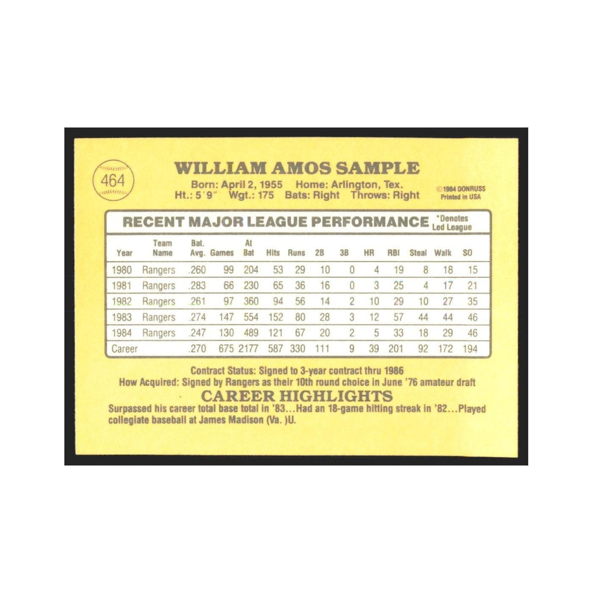 1985 Donruss Billy Sample Rangers #464