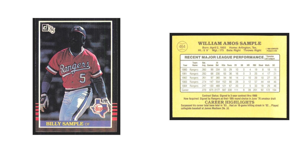 1985 Donruss Billy Sample Rangers #464