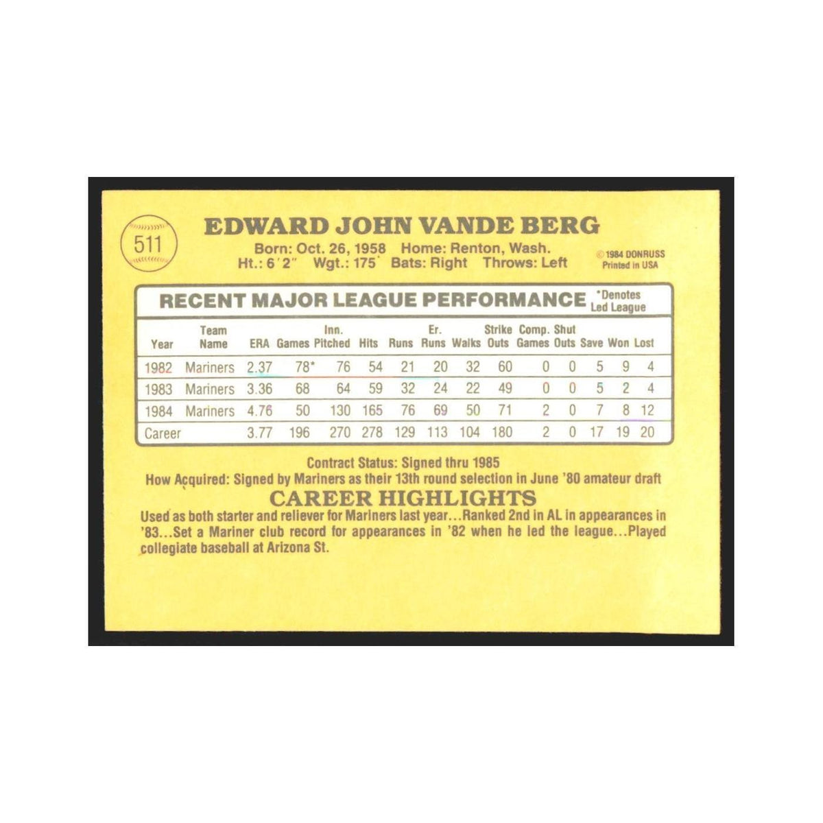 1985 Donruss Ed Vande Berg Mariners #511