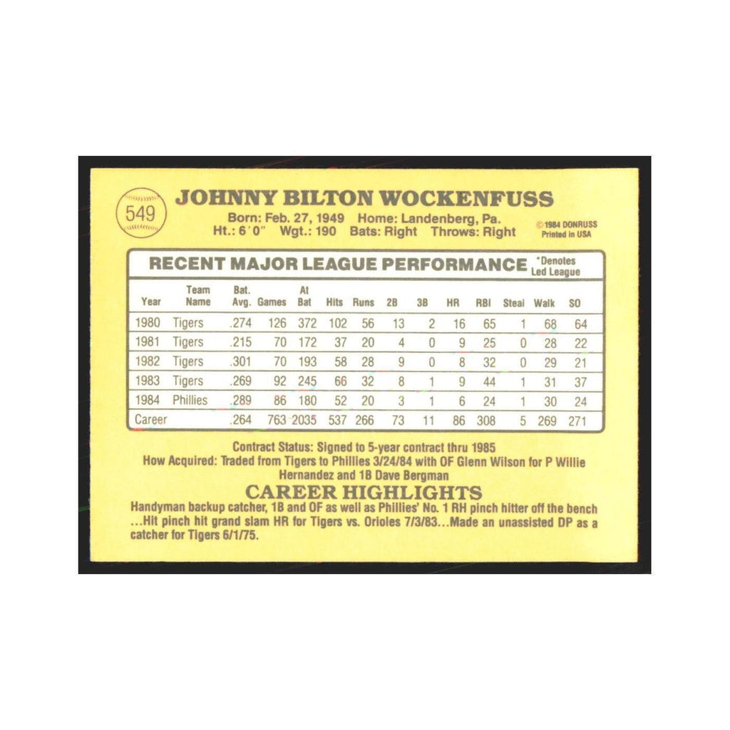 1985 Donruss John Wockenfuss Phillies #549