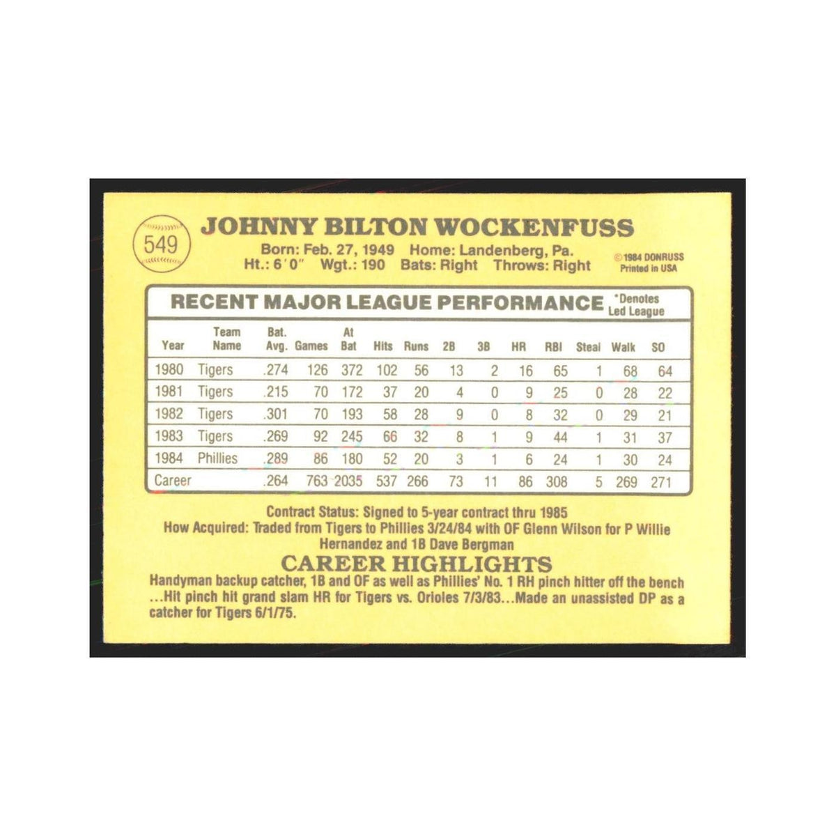 1985 Donruss John Wockenfuss Phillies #549