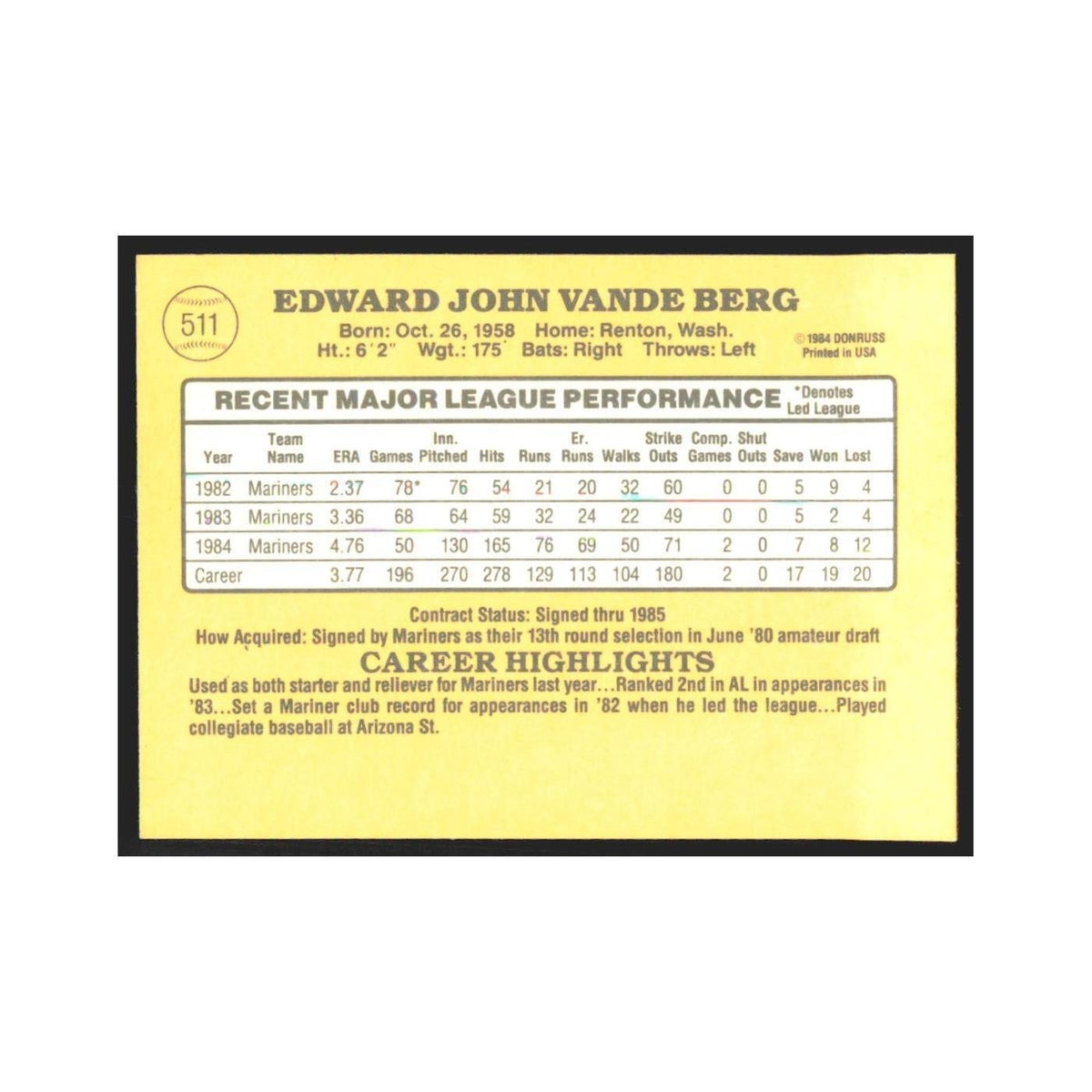 1985 Donruss Ed Vande Berg Mariners #511