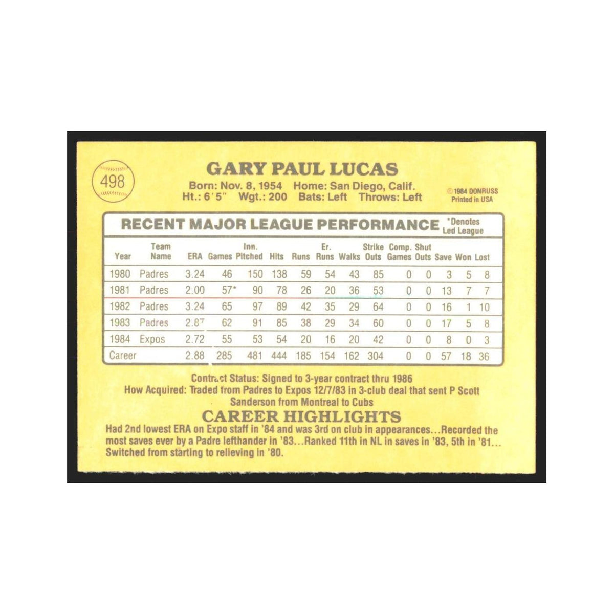1985 Donruss Gary Lucas Montreal Expos #498