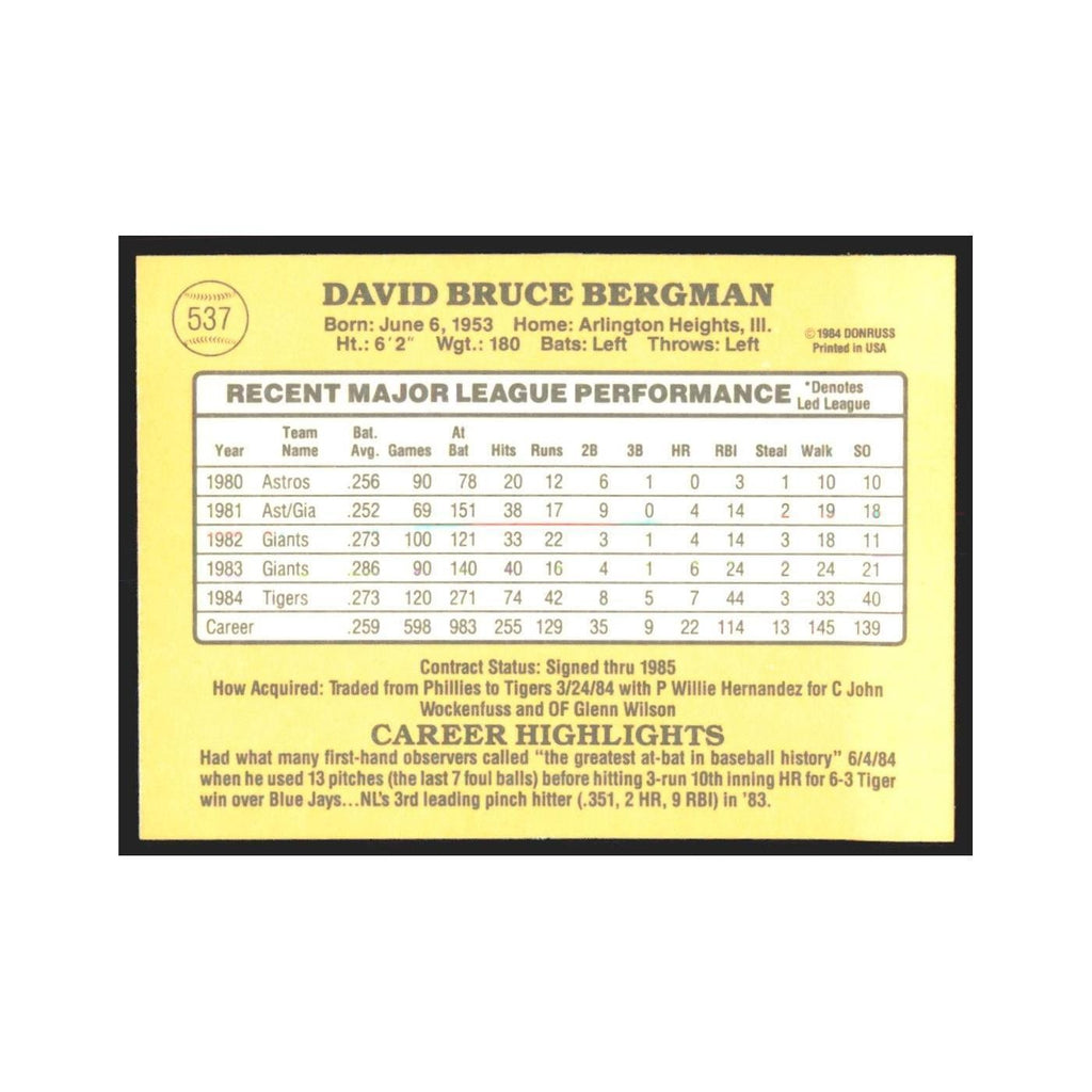 1985 Donruss Dave Bergman Tigers #537