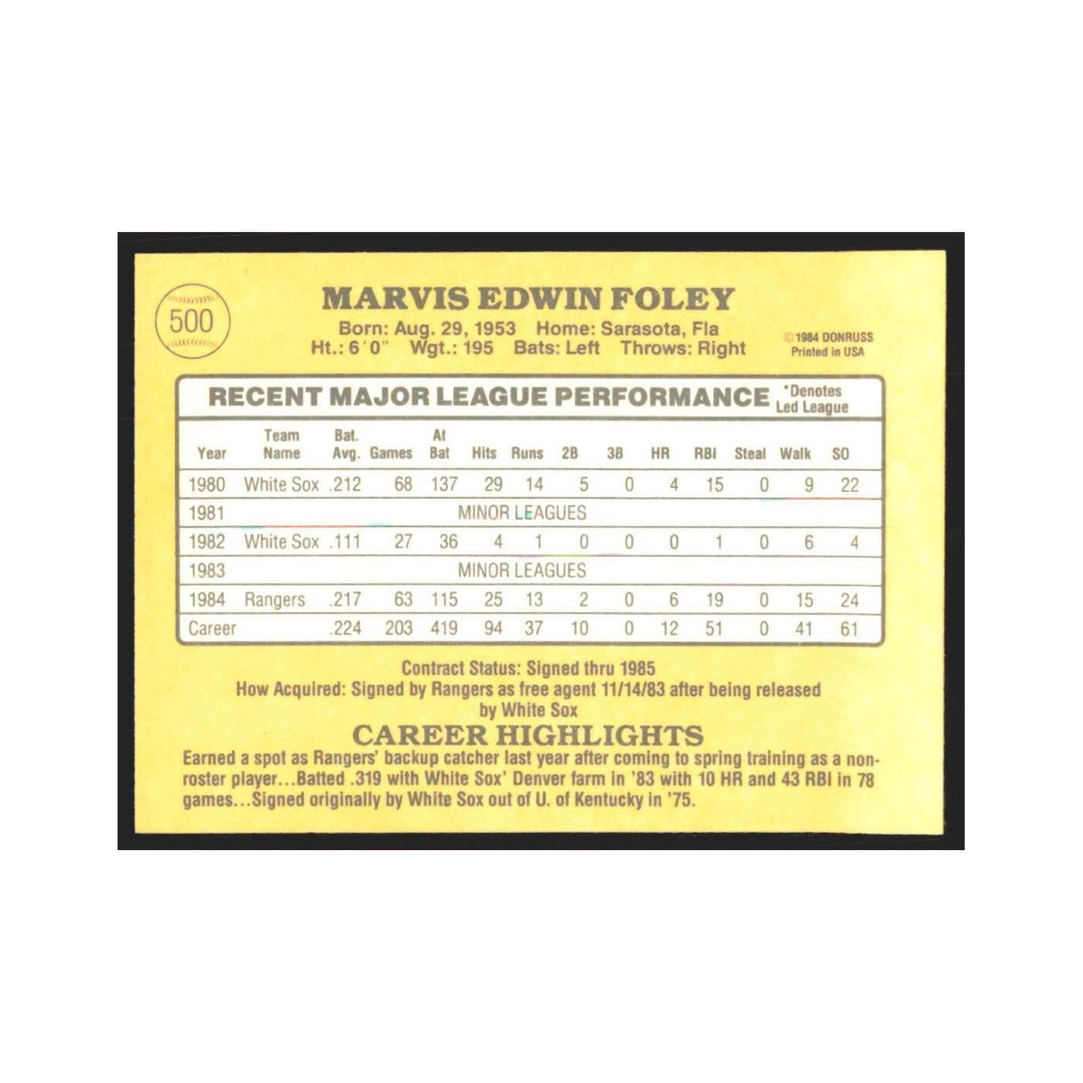 1985 Donruss Marvis Foley Rangers #500
