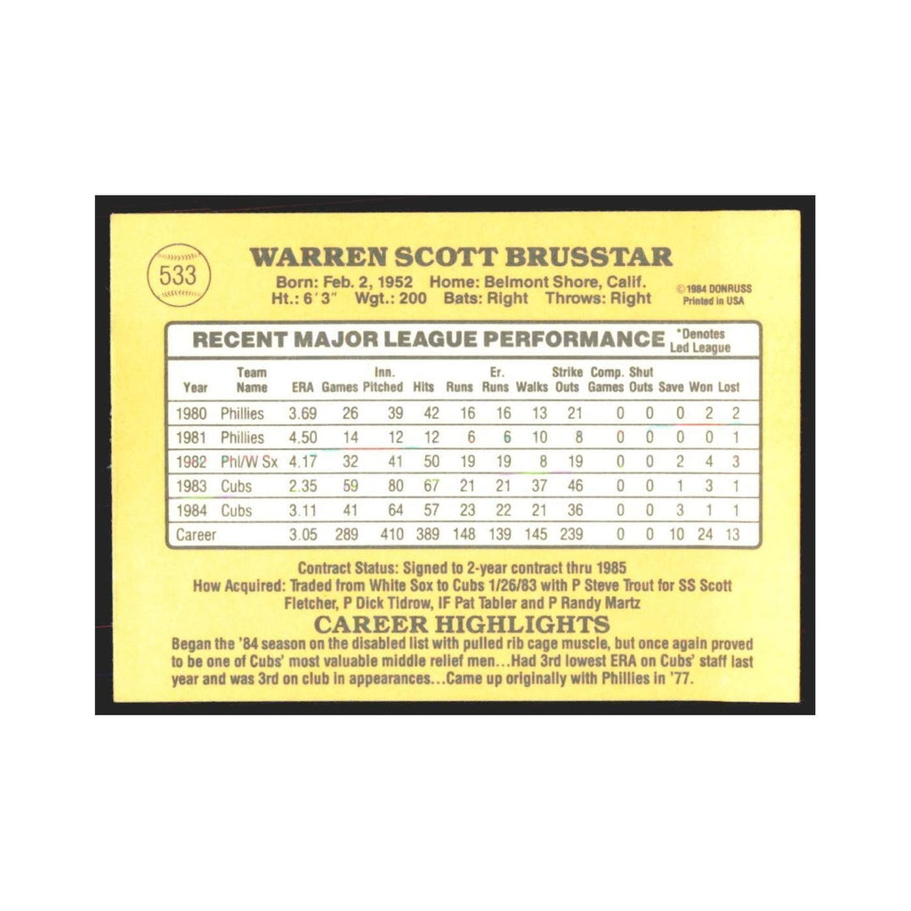 1985 Donruss Warren Brusstar Cubs #533
