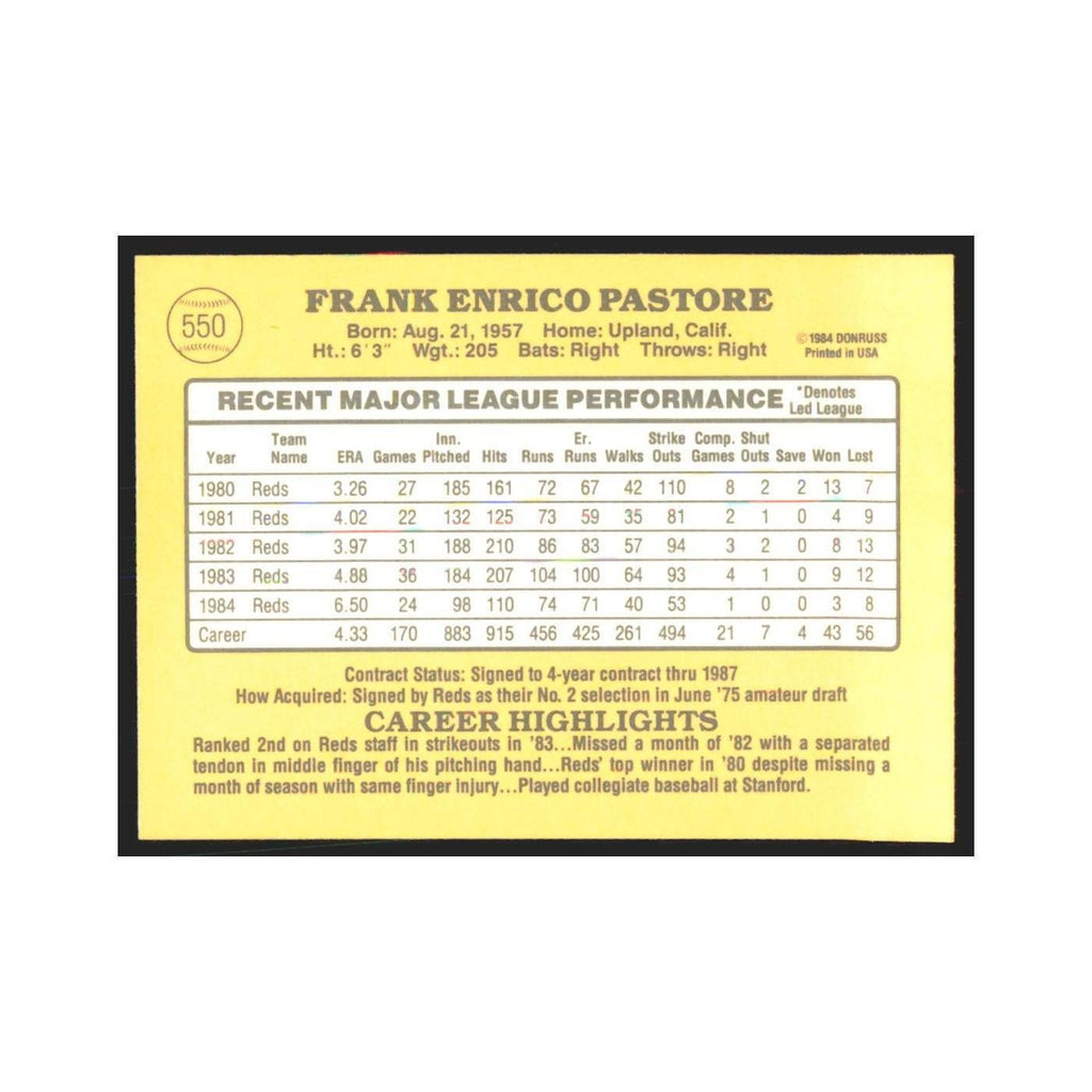 1985 Donruss Frank Pastore Reds #550
