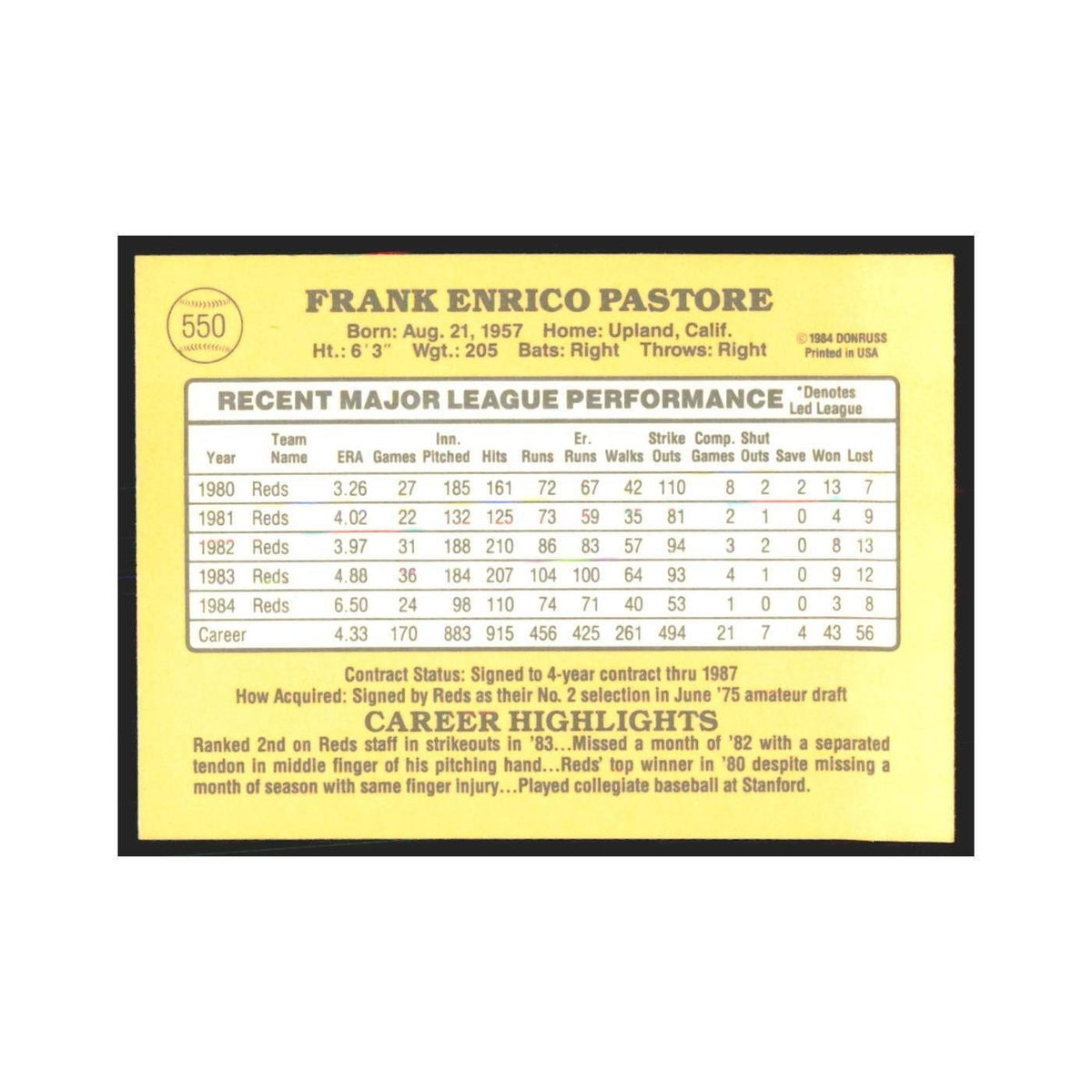 1985 Donruss Frank Pastore Reds #550