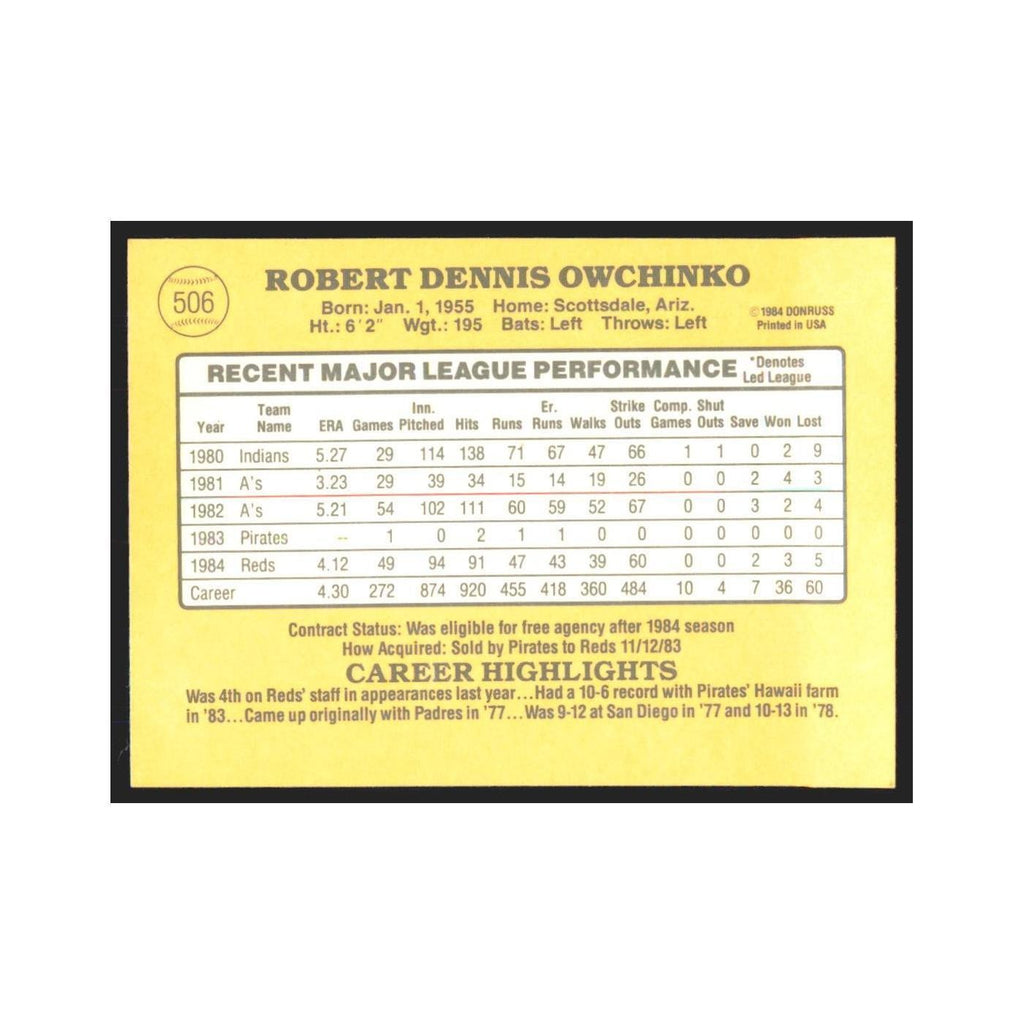 1985 Donruss Bob Owchinko Reds #506