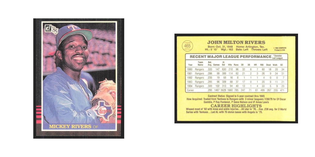 1985 Donruss Mickey Rivers Rangers #465