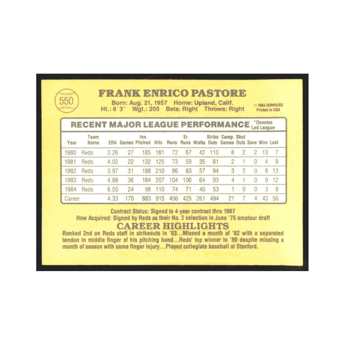1985 Donruss Frank Pastore Reds #550