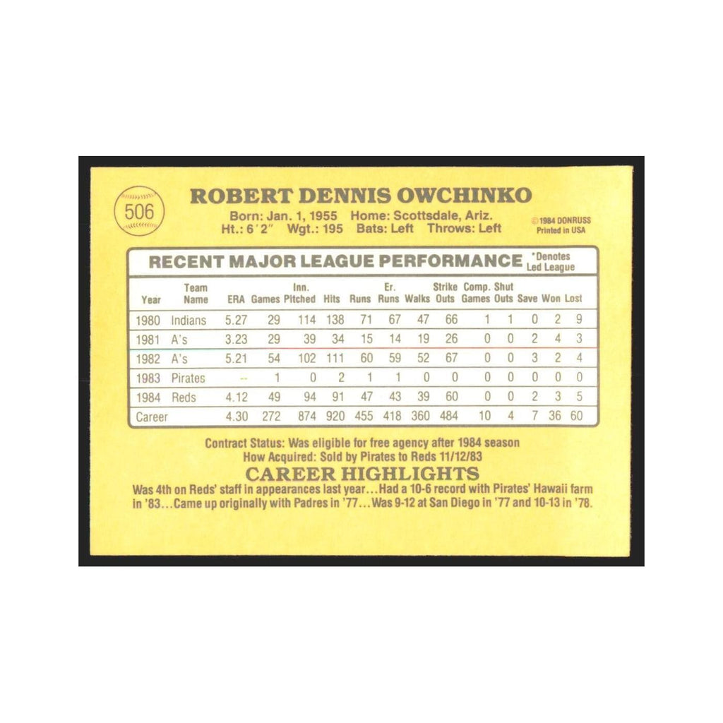 1985 Donruss Bob Owchinko Reds #506