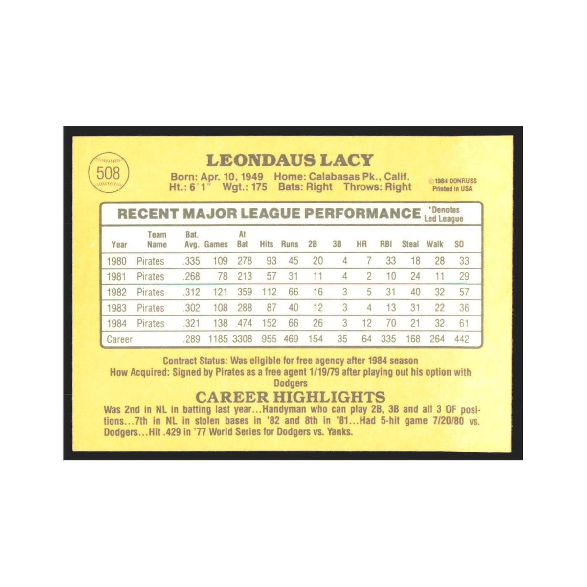 1985 Donruss Lee Lacy Pirates #508