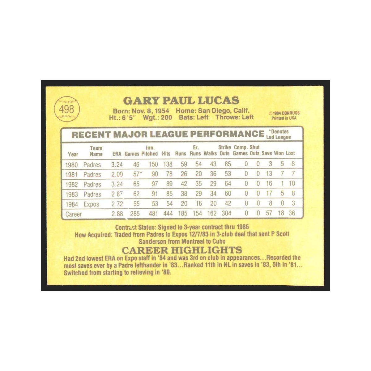 1985 Donruss Gary Lucas Montreal Expos #498