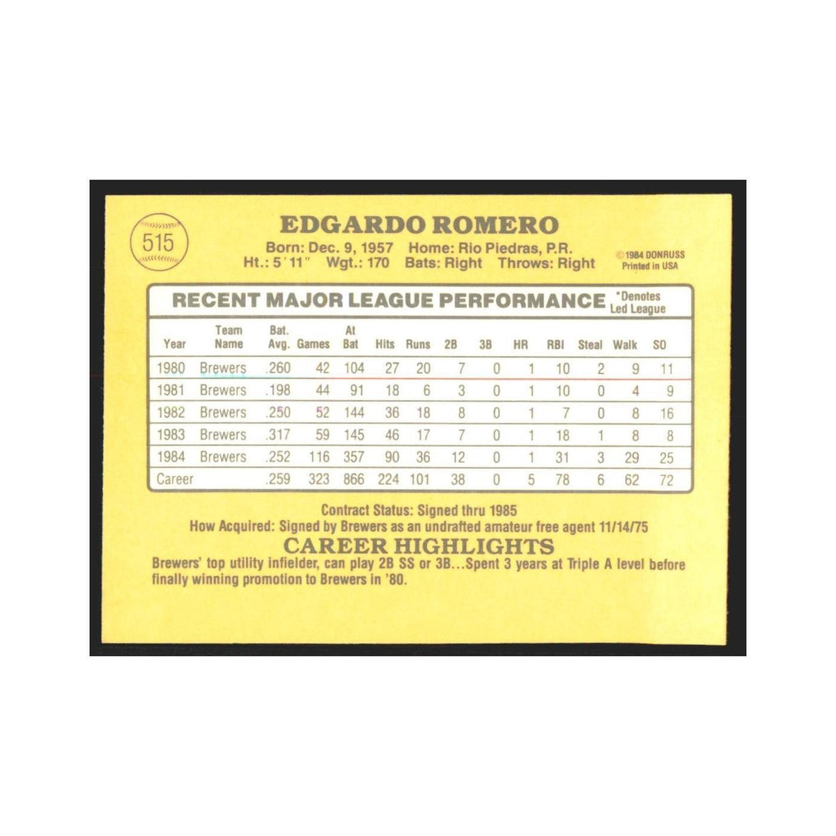 1985 Donruss Ed Romero Brewers #515