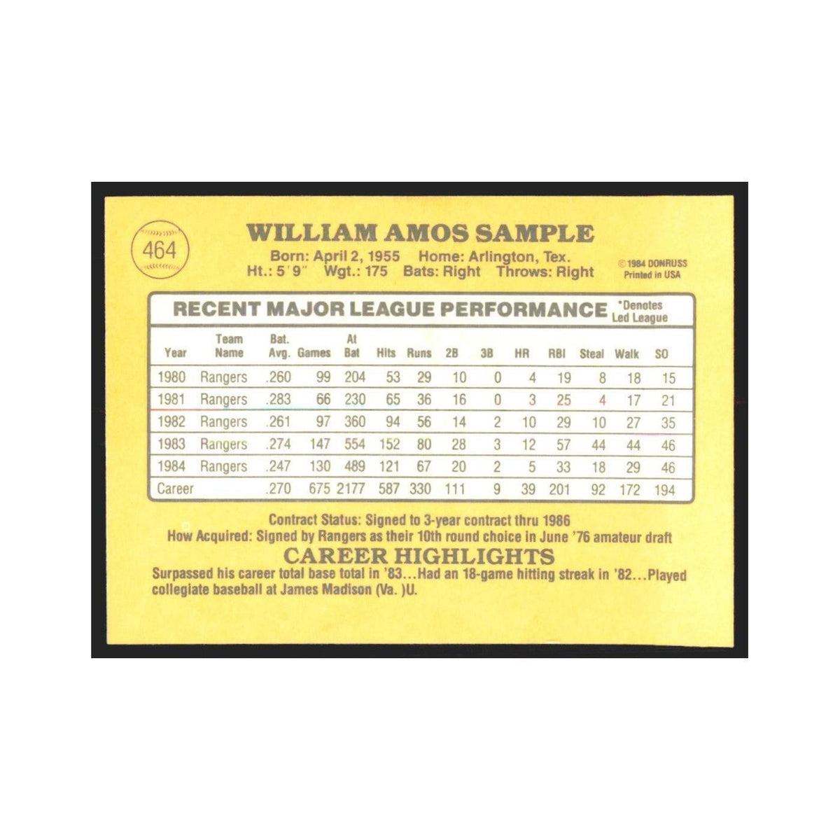 1985 Donruss Billy Sample Rangers #464
