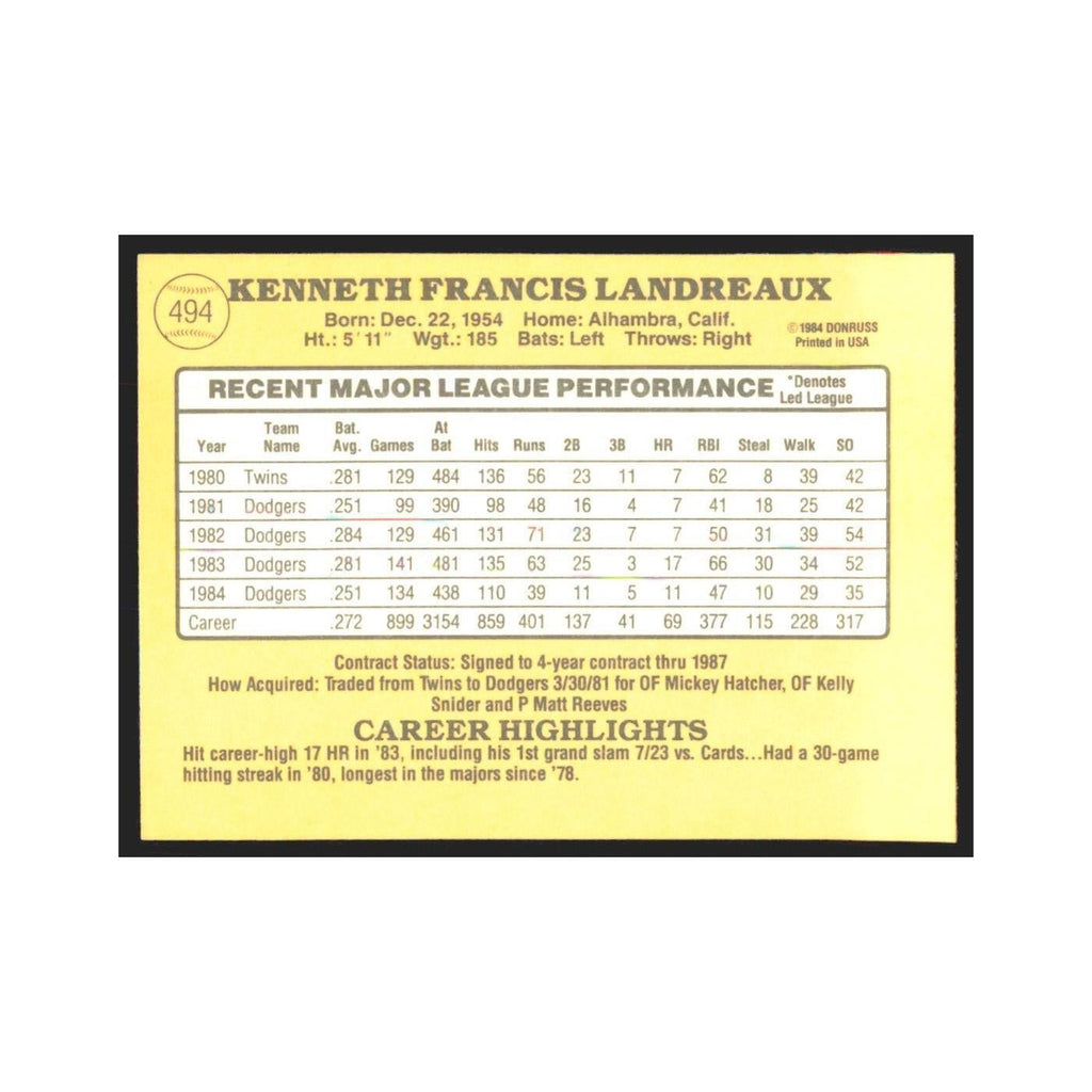 1985 Donruss Ken Landreaux Dodgers #494