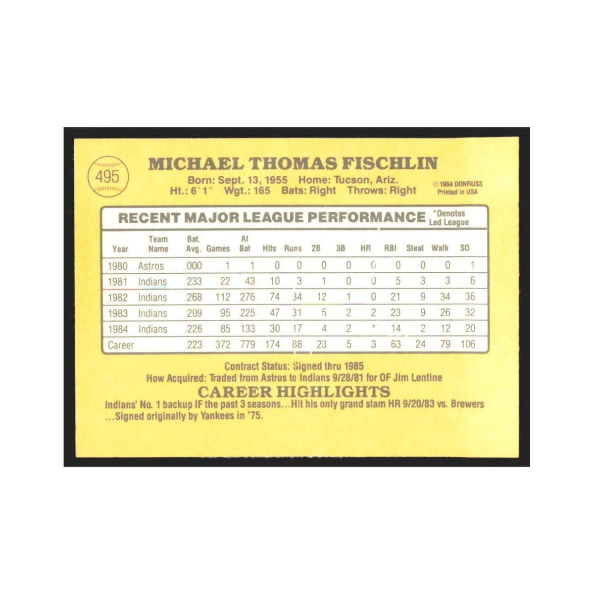 1985 Donruss Mike Fischlin Indians #495