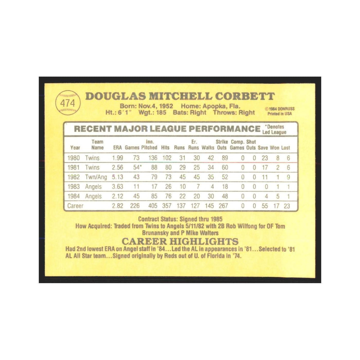 1985 Donruss Doug Corbett Angels #474