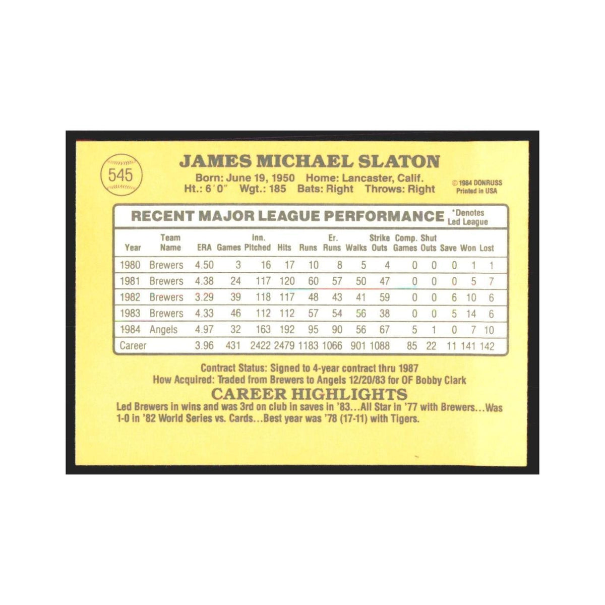 1985 Donruss Jim Slaton Angels #545