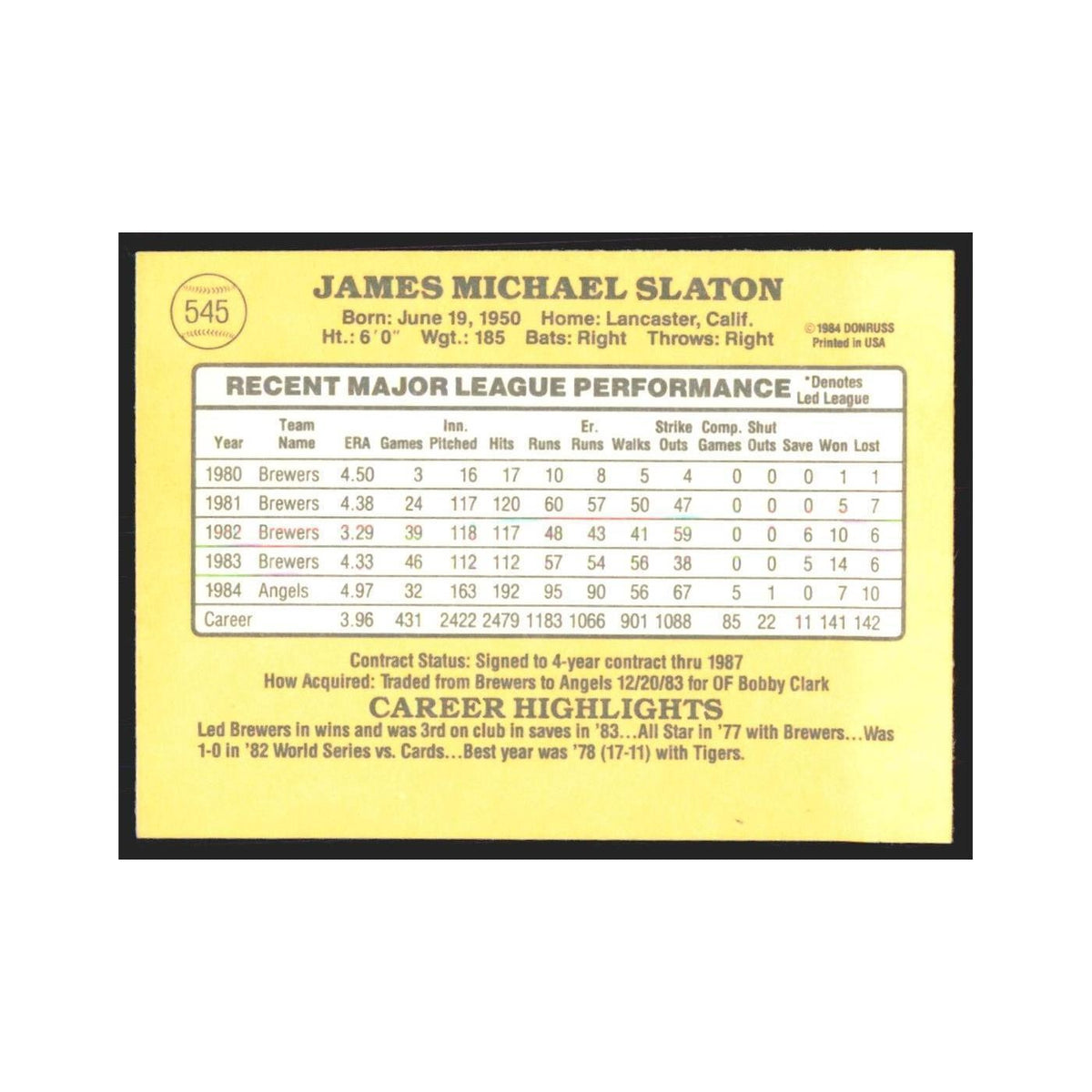 1985 Donruss Jim Slaton Angels #545