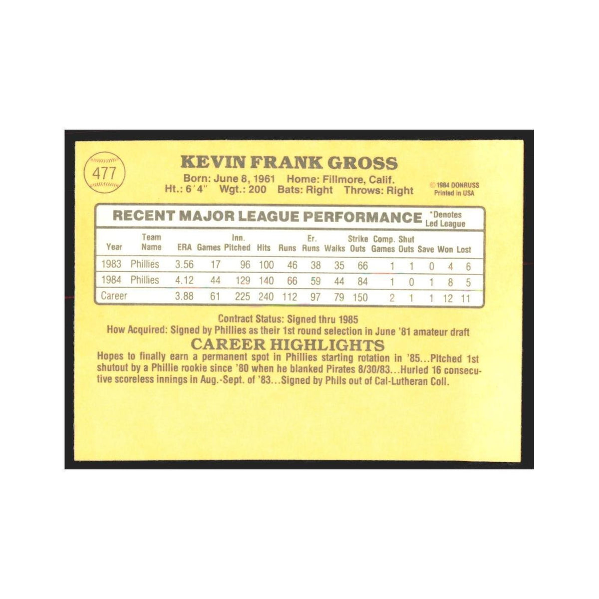 1985 Donruss Kevin Gross Phillies #477