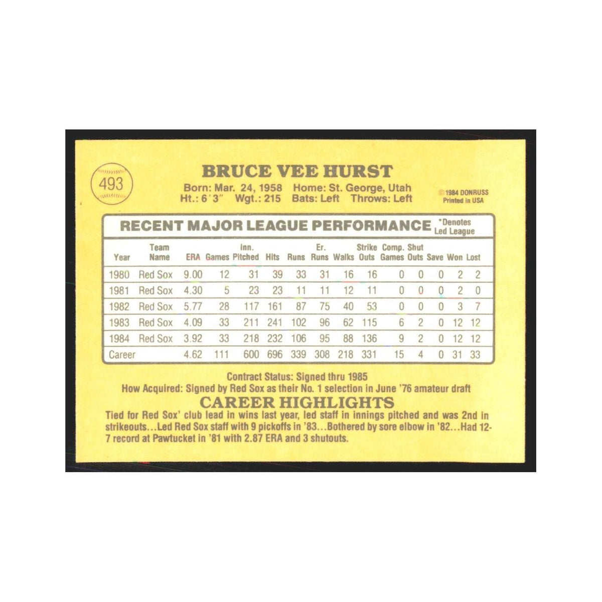 1985 Donruss Bruce Hurst Red Sox #493