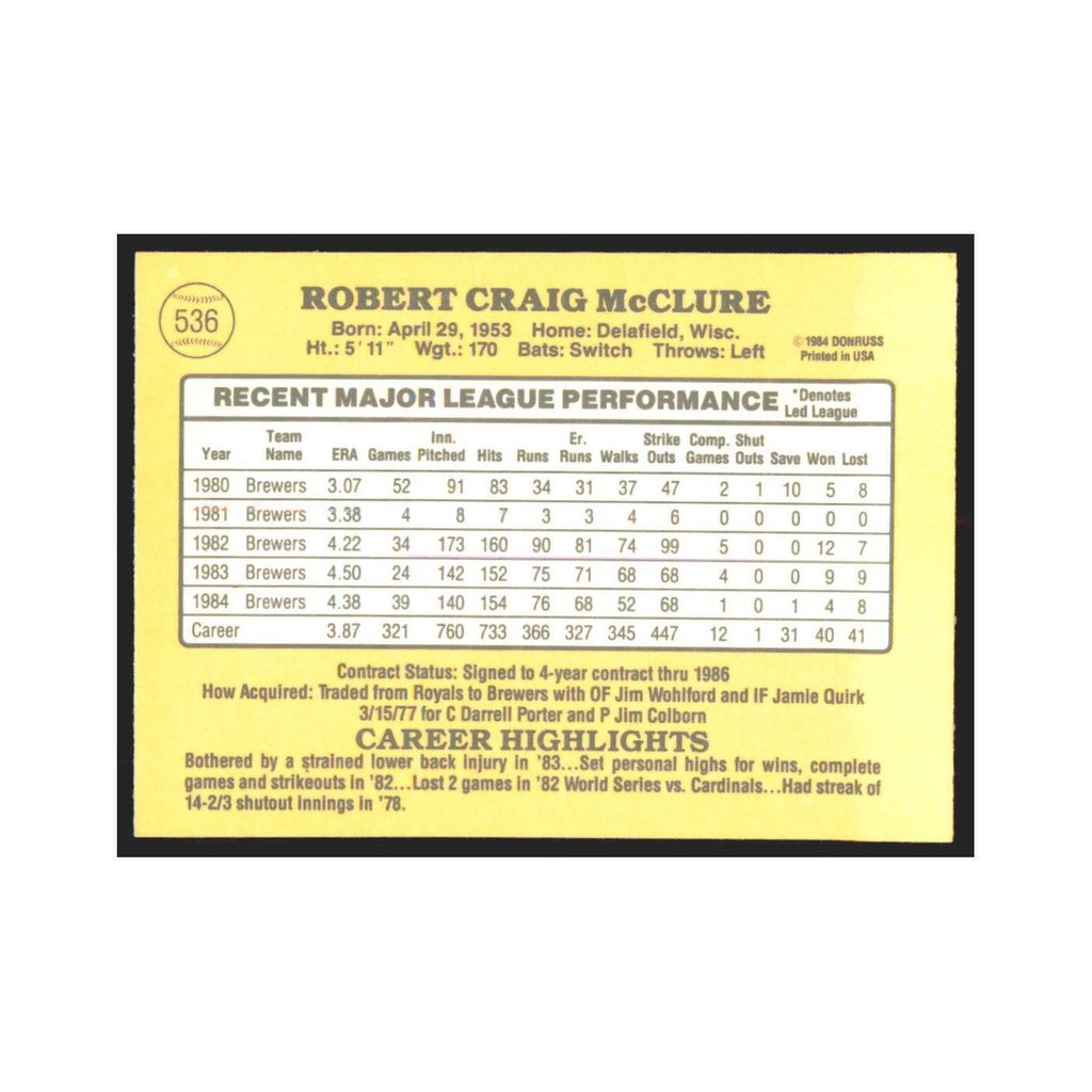1985 Donruss Bob McClure Brewers #536