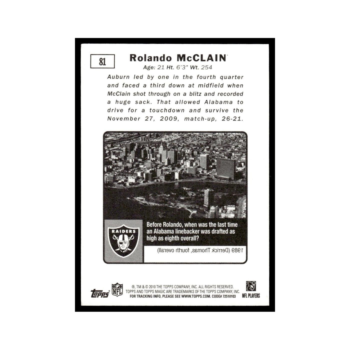 2010 Topps Magic Rolando McClain RC Raiders #81