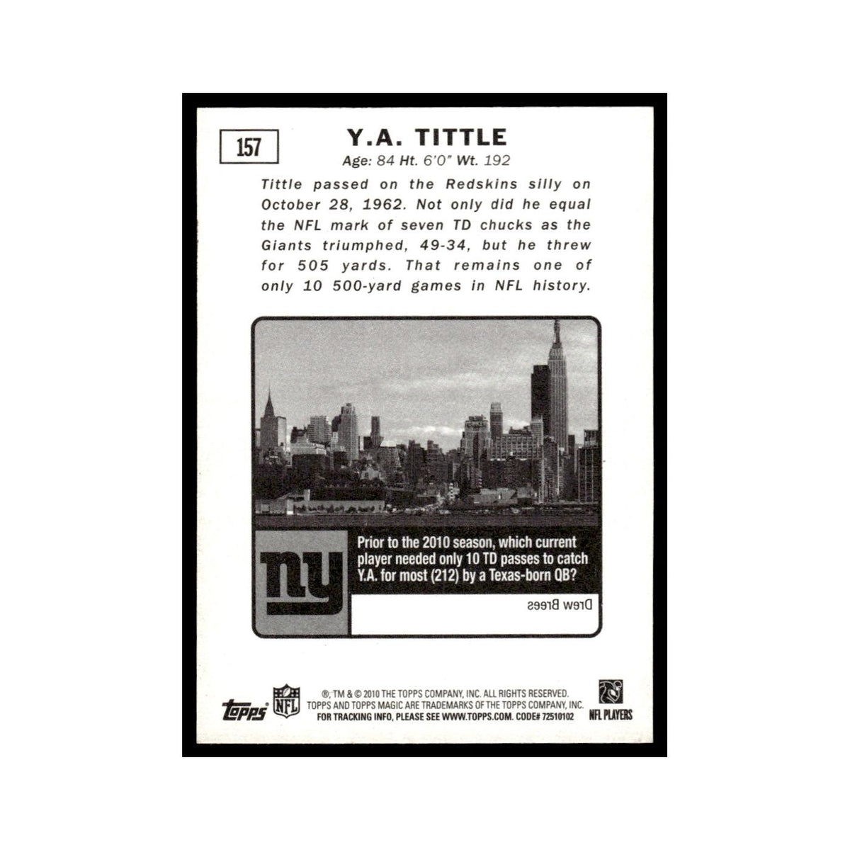 2010 Topps Magic Y.A. Tittle Giants #157