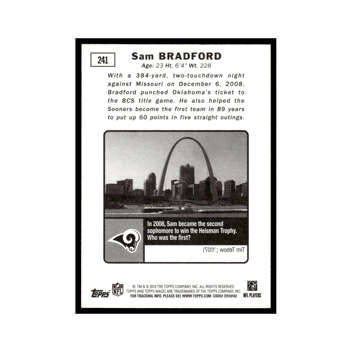 2010 Topps Magic Sam Bradford RC St. Louis Rams #241