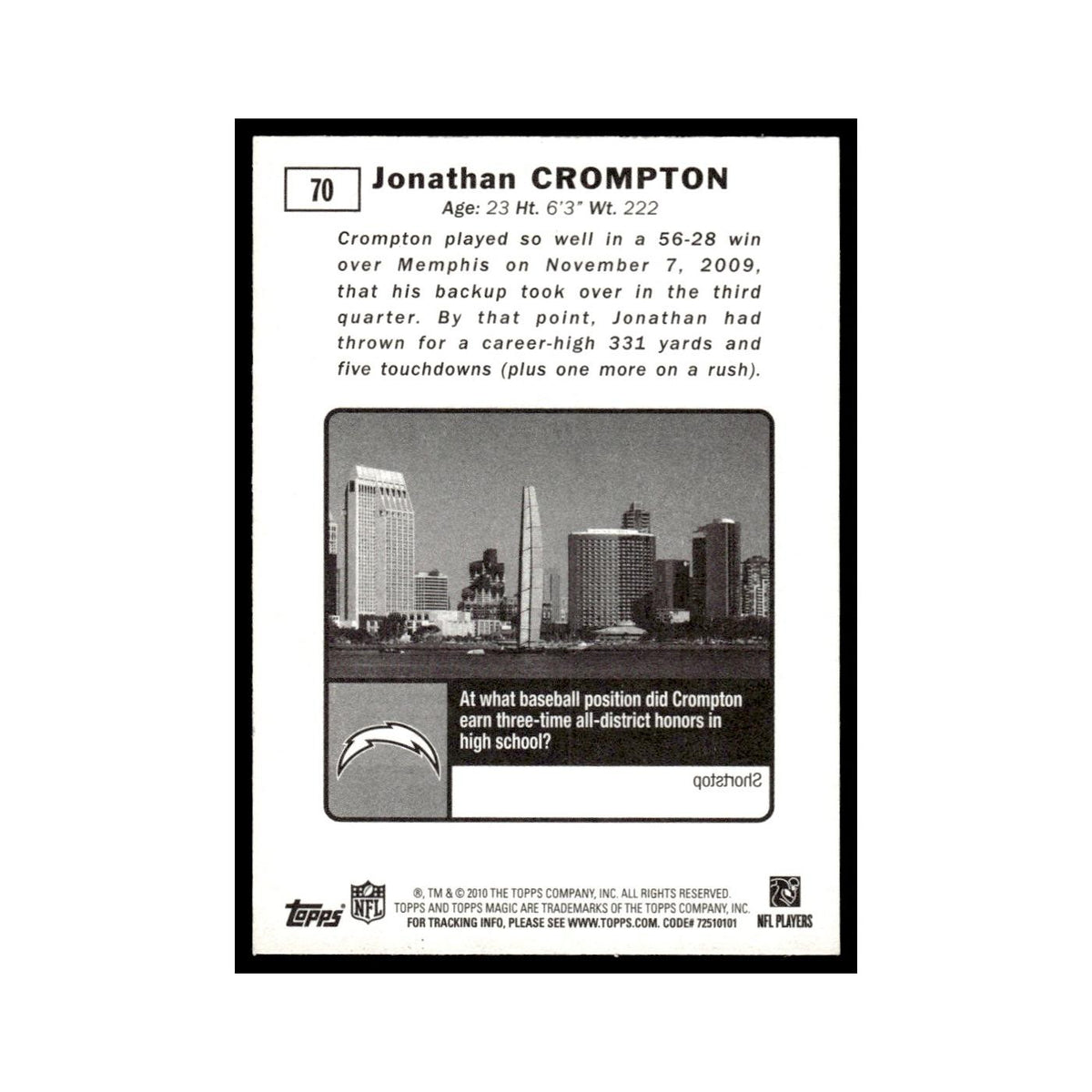 2010 Topps Magic Jonathan Crompton RC San Diego Chargers #70