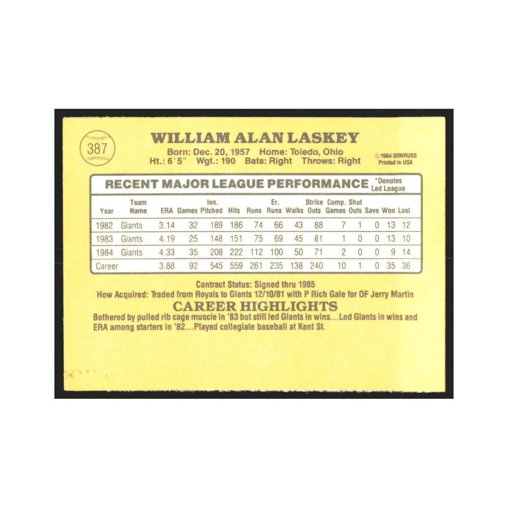1985 Donruss Bill Laskey Giants #387