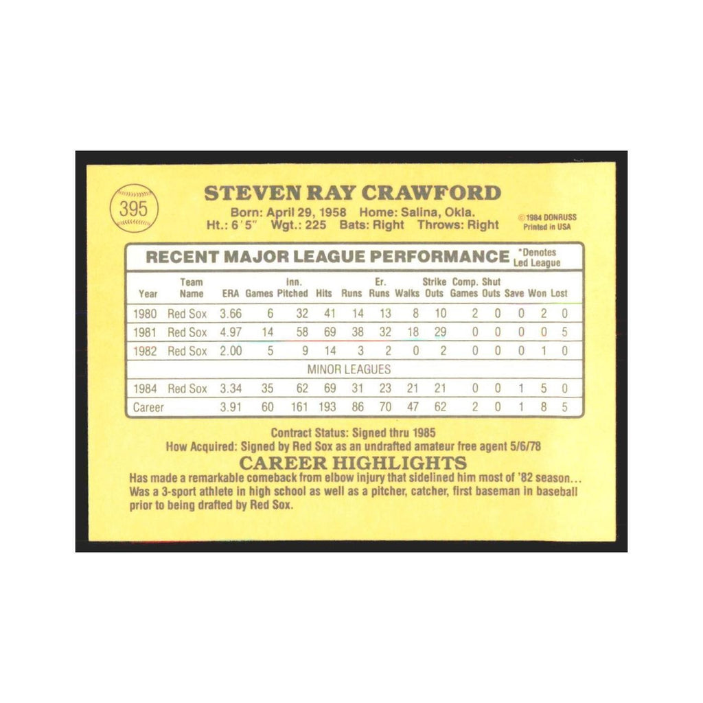 1985 Donruss Steve Crawford Red Sox #395