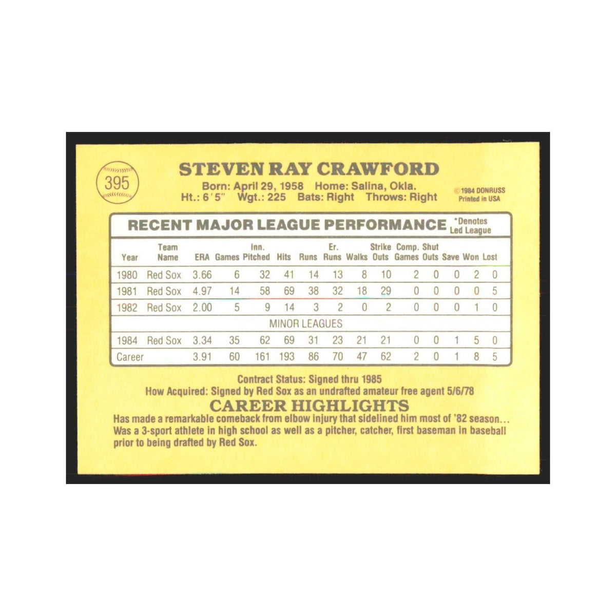 1985 Donruss Steve Crawford Red Sox #395