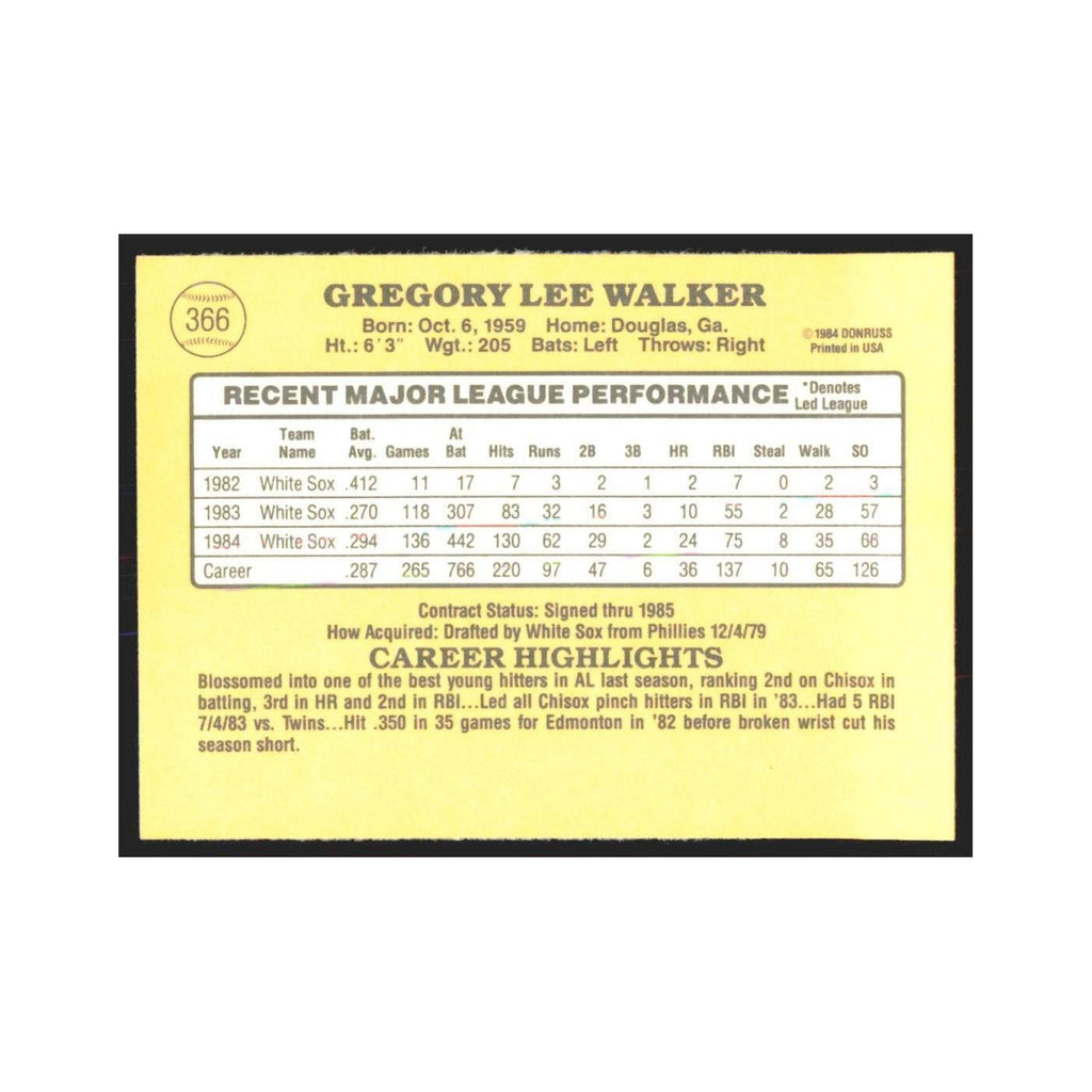1985 Donruss Greg Walker White Sox #366