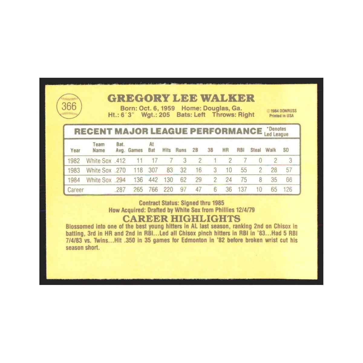 1985 Donruss Greg Walker White Sox #366