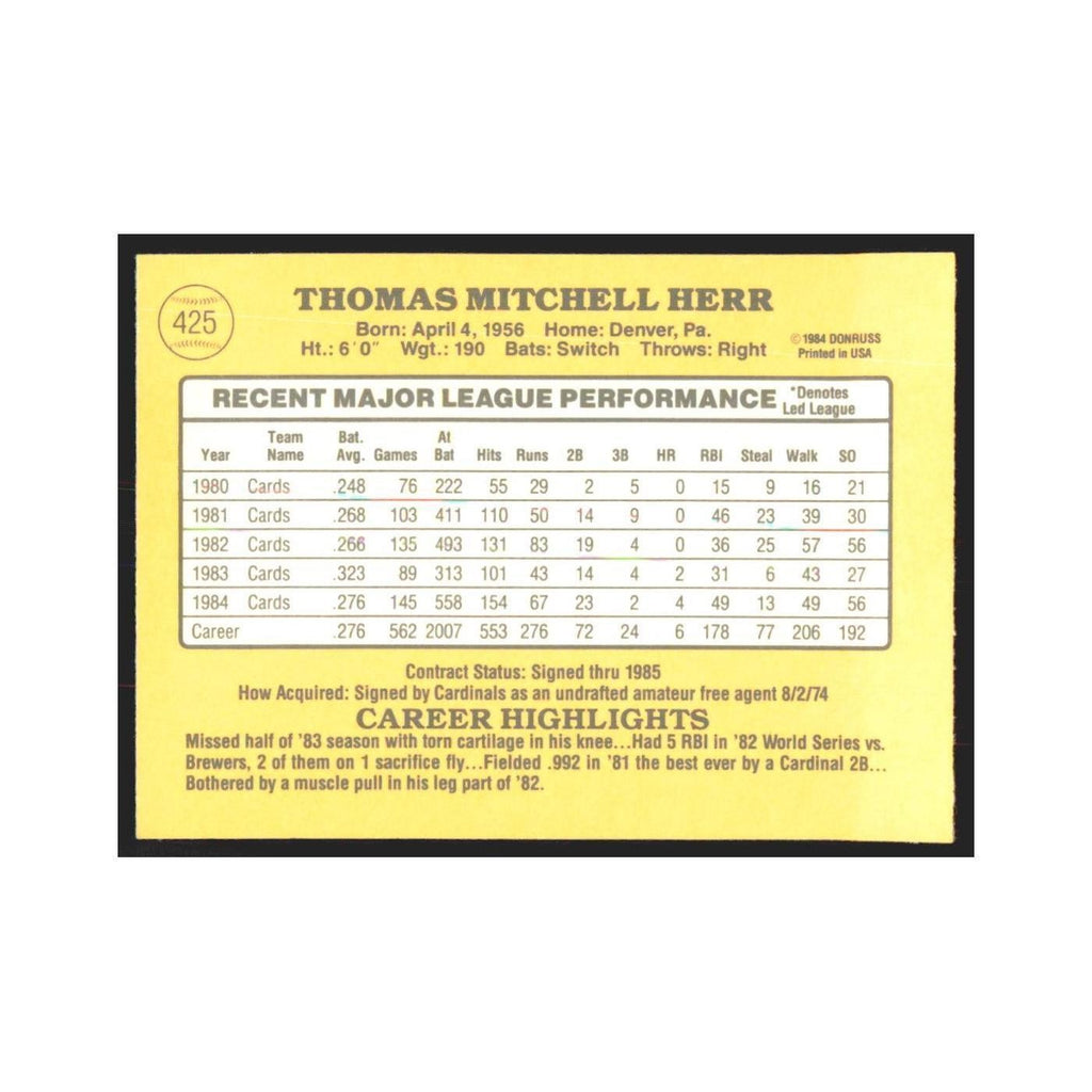 1985 Donruss Tom Herr Cardinals #425