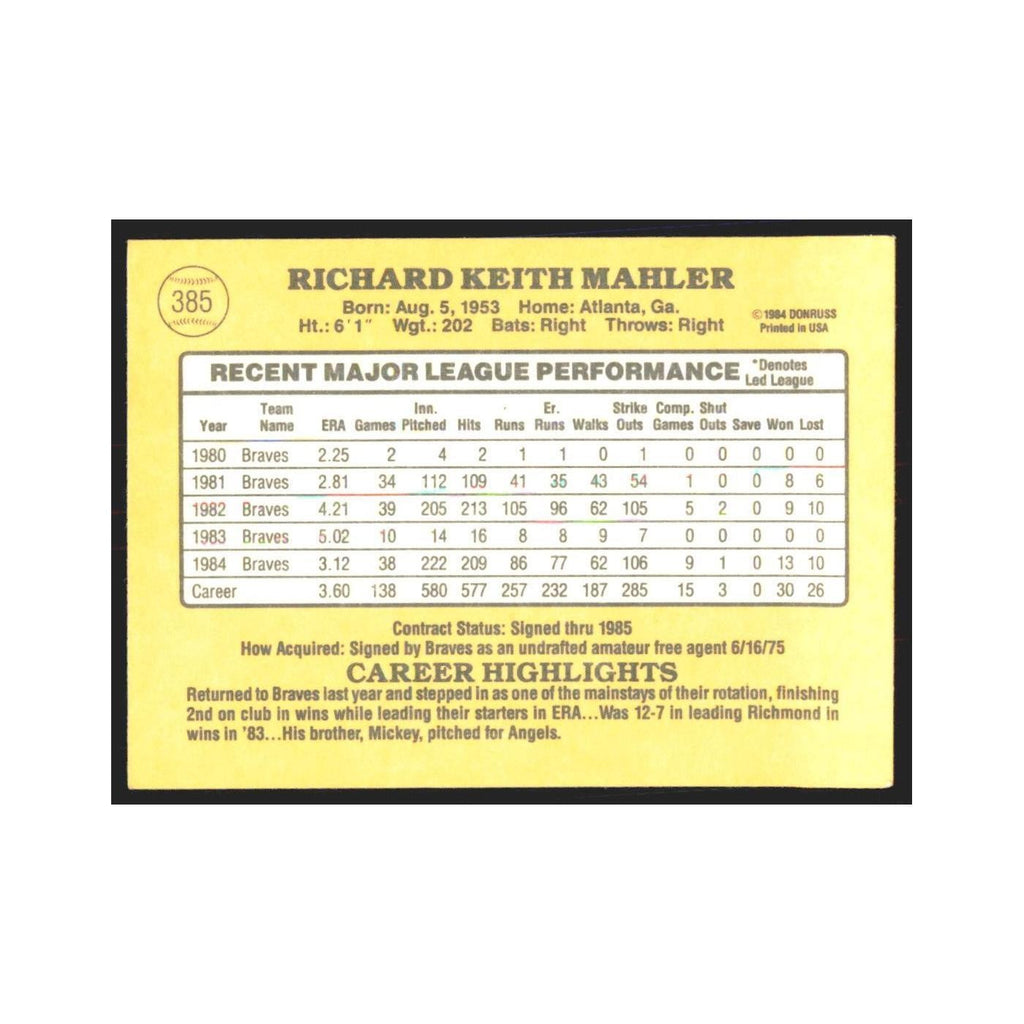 1985 Donruss Rick Mahler Braves #385