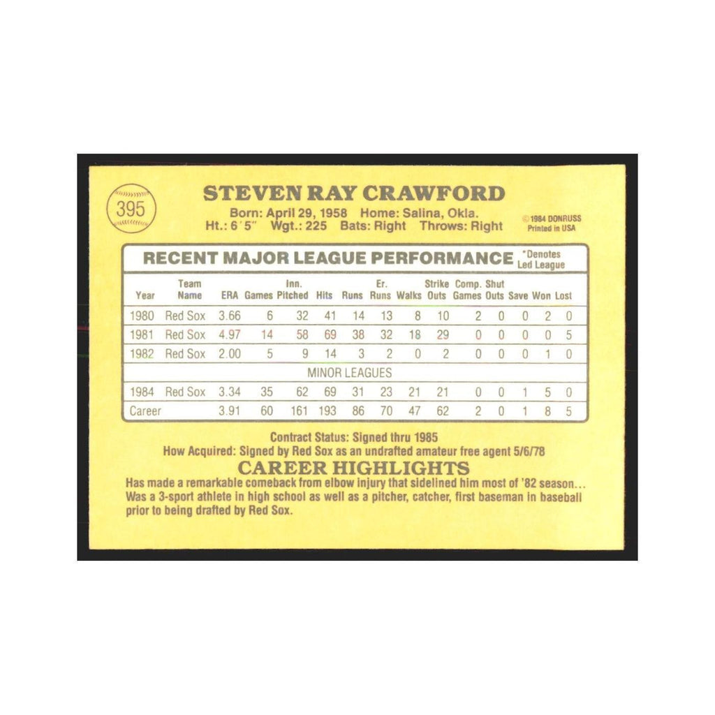 1985 Donruss Steve Crawford Red Sox #395