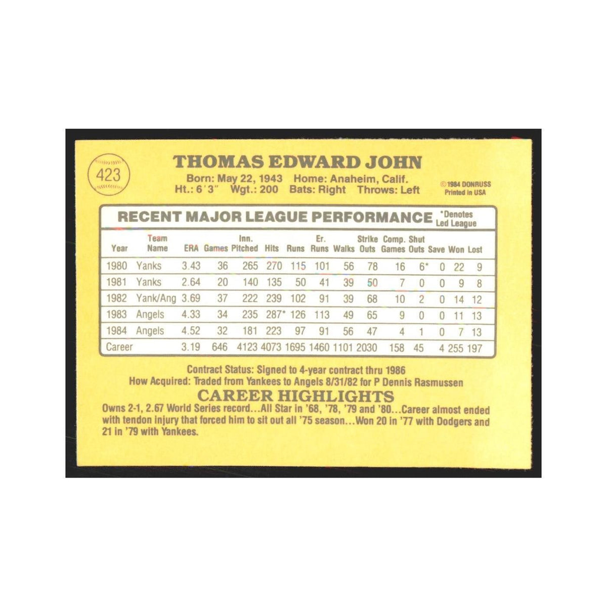 1985 Donruss Tommy John Angels #423
