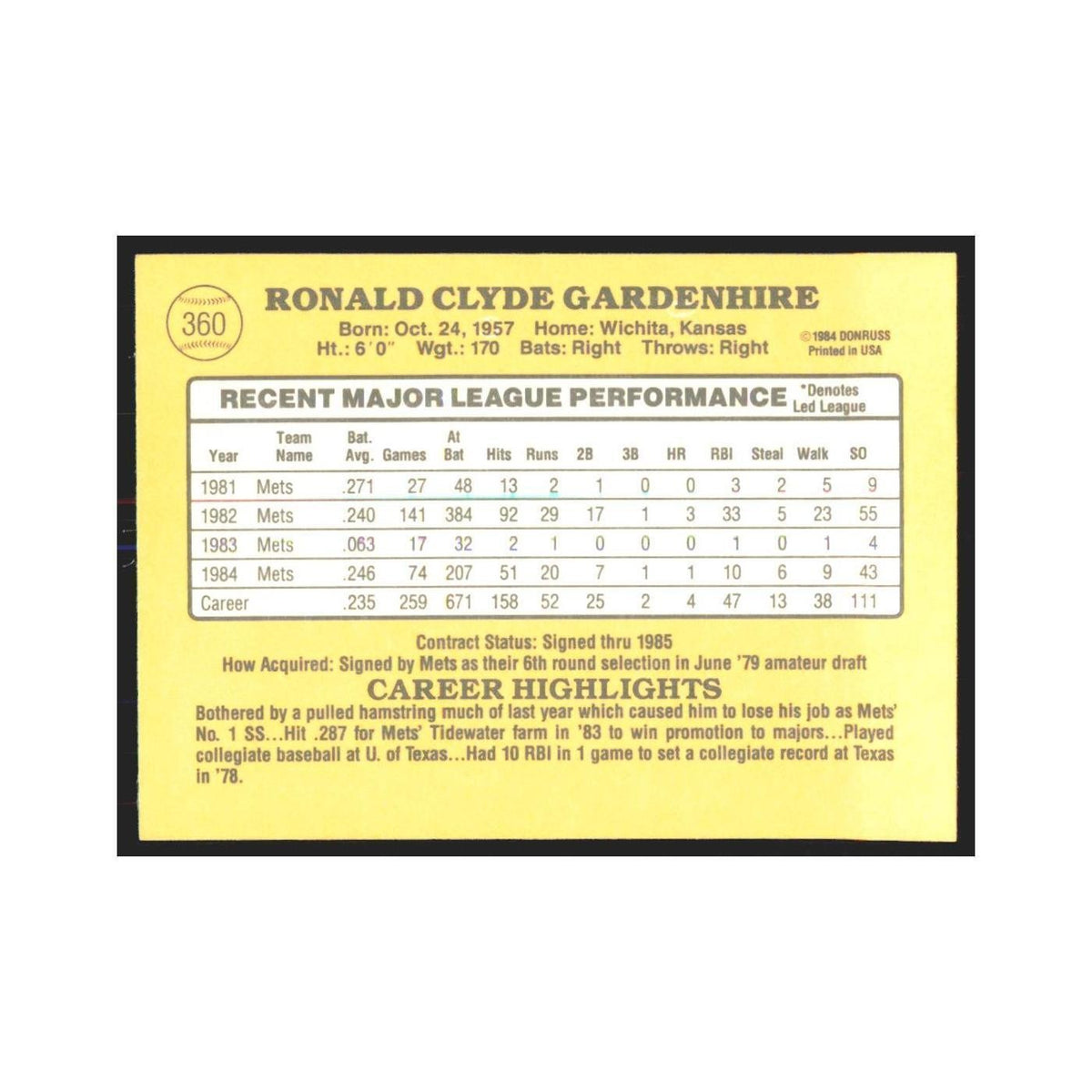 1985 Donruss Ron Gardenhire Mets #360