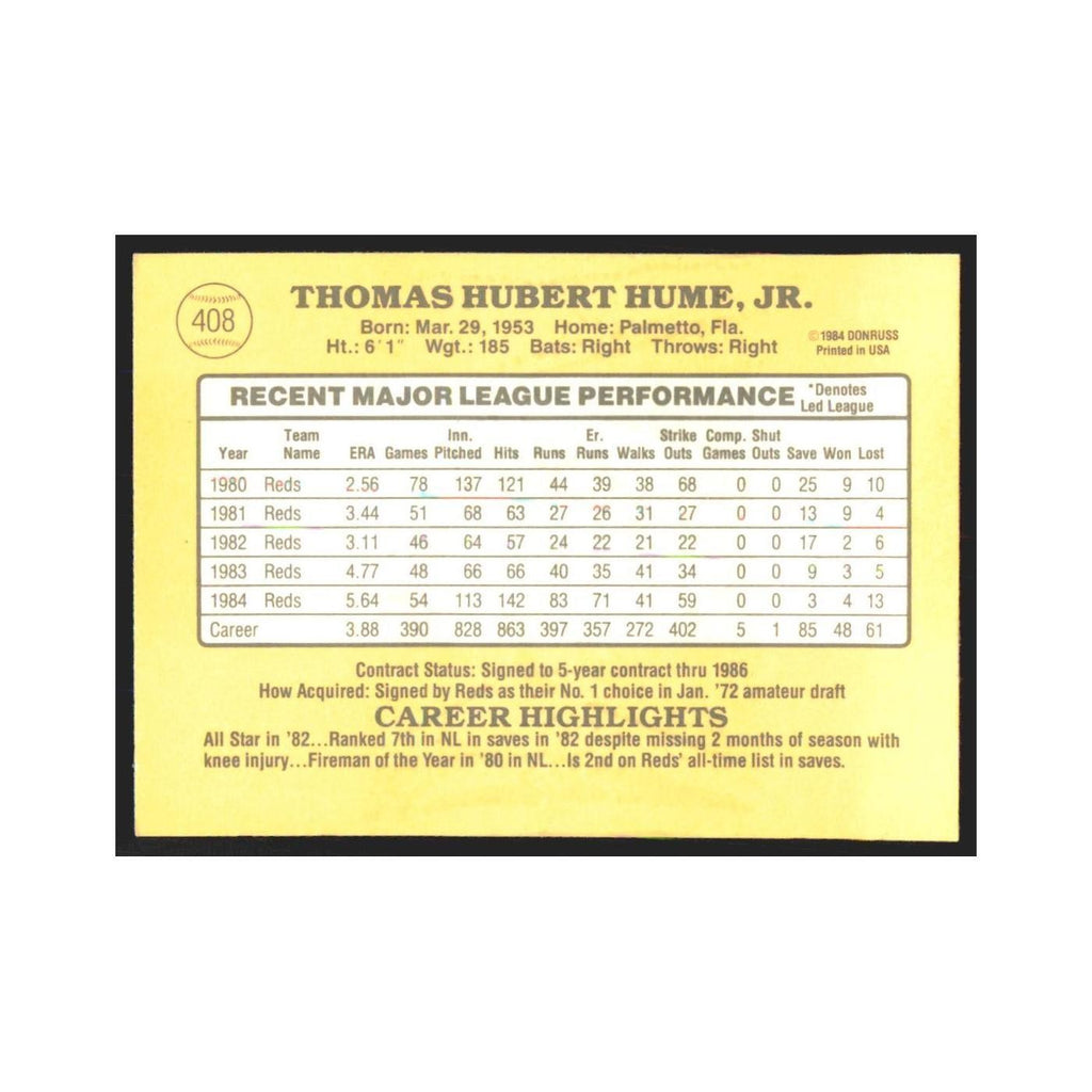 1985 Donruss Tom Hume Reds #408