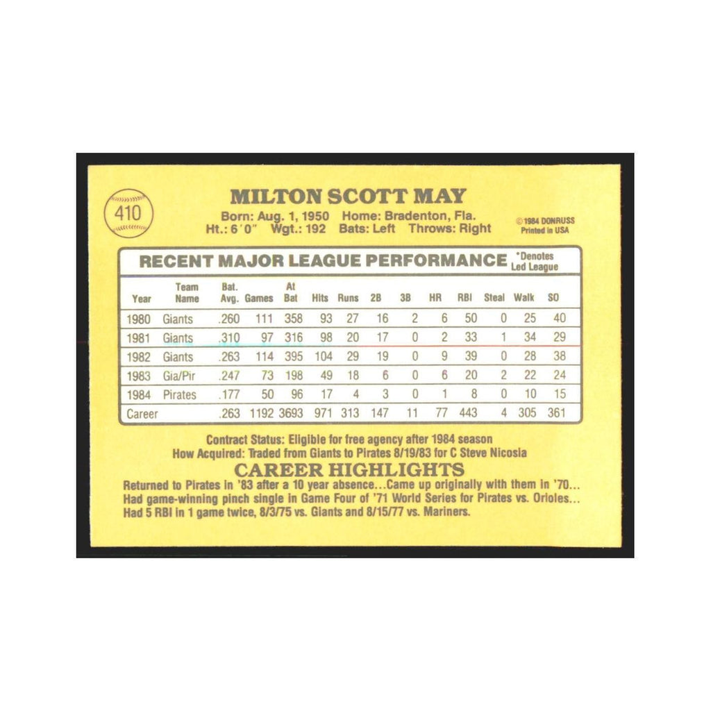 1985 Donruss Milt May Pirates #410