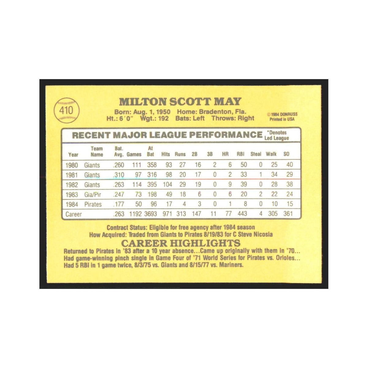1985 Donruss Milt May Pirates #410