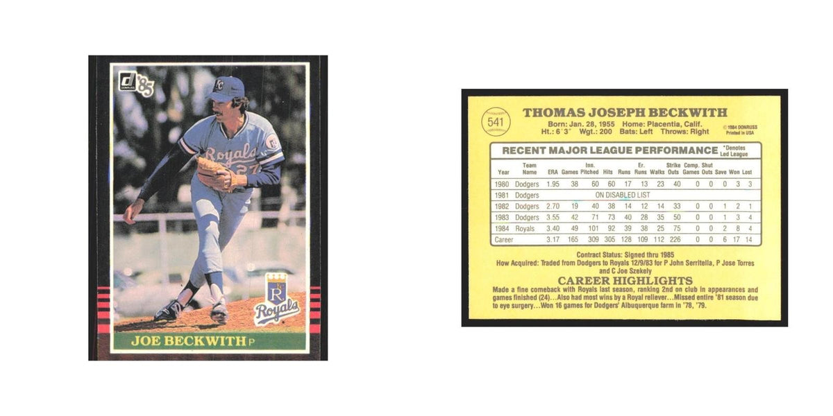 1985 Donruss Joe Beckwith Royals #541