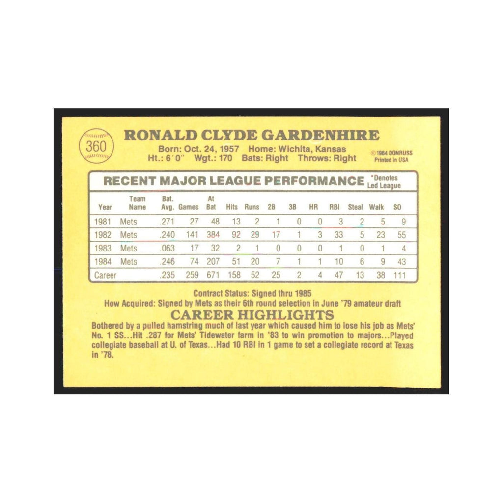 1985 Donruss Ron Gardenhire Mets #360