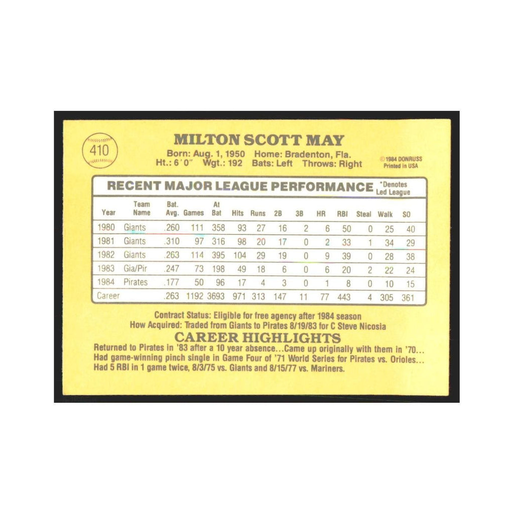 1985 Donruss Milt May Pirates #410