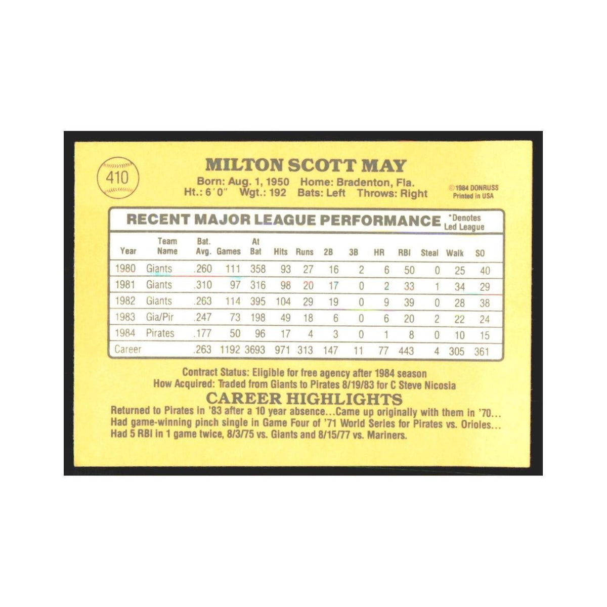 1985 Donruss Milt May Pirates #410